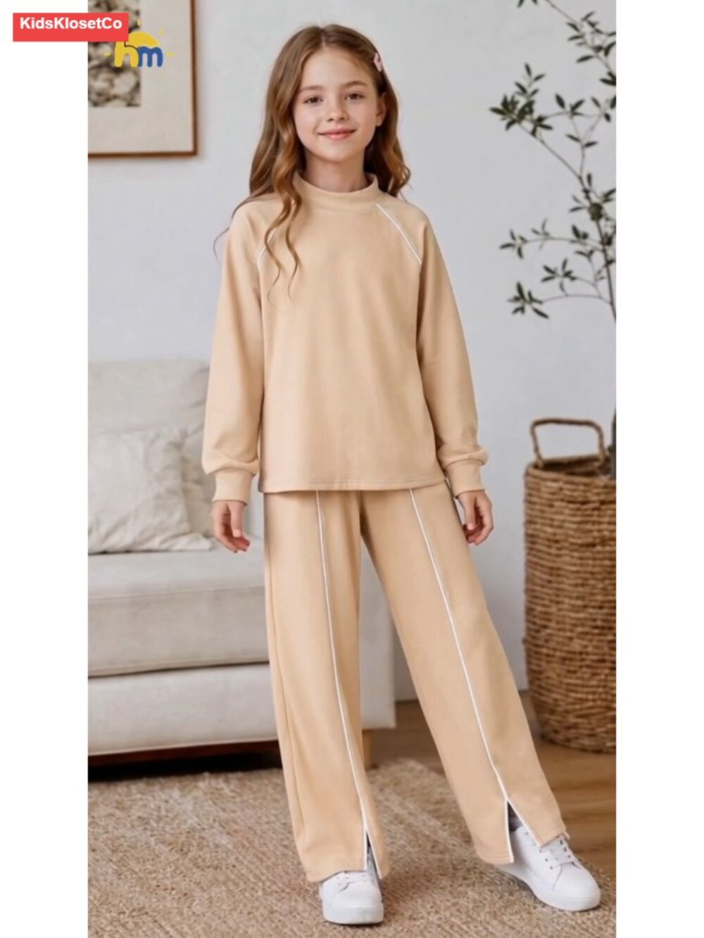 Girls 2 Piece Sweatshirt Wide Leg Pants Set Raglan Sleeve Split Hem - Picture 6 of 6